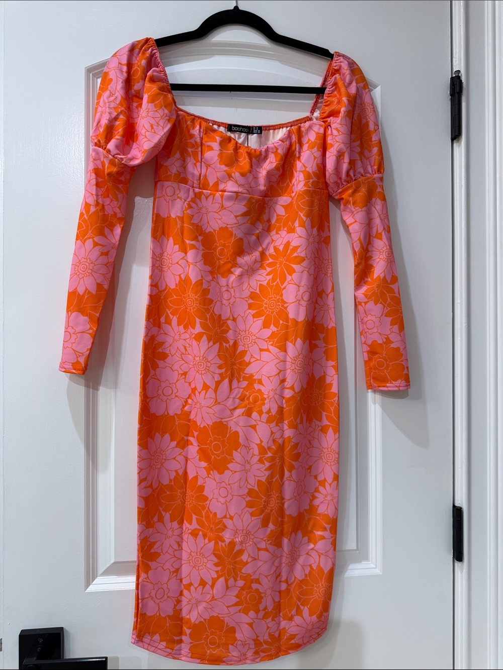 Boohoo Pink and Orange Floral Long Sleeve Midi Dress